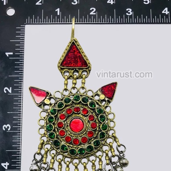 Red and Green Mang Tikka, Handmade Dangling Bells Tikka, Afghan Hair Jewelry, main image 8